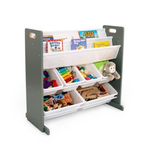 Read n Play 6 Bin Kids' Organizer & 2 Tier Bookrack White - Humble Crew: Toy Storage Furniture, Kids Organization