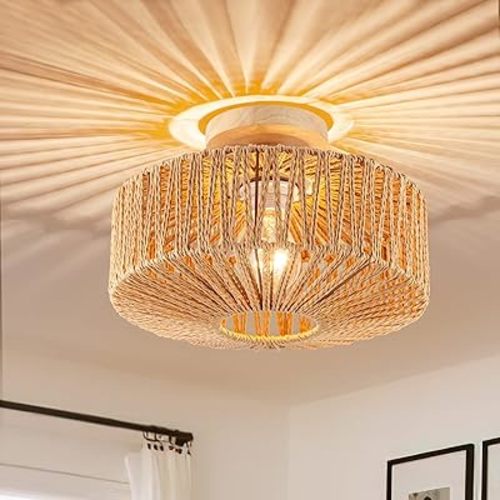 Boho Rattan Ceiling Light - Flush Mount Mini Chandelier Woven Light Fixture for Bedroom, Hallway, Entryway, Bathroom, Nursery