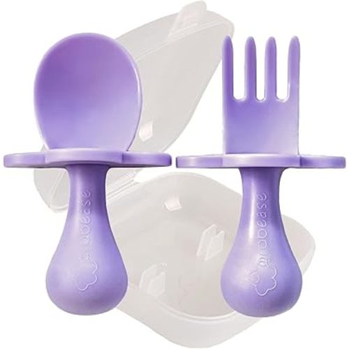 Grabease Baby Feeding Utensil Set - Ergonomic Self-Feeding & Toddler Spoon & Fork - Sturdy Plastic Training Silverware for Toddlers - Travel Pouch & Silverware for 1-Year-Olds - Lavender, Pack of 1