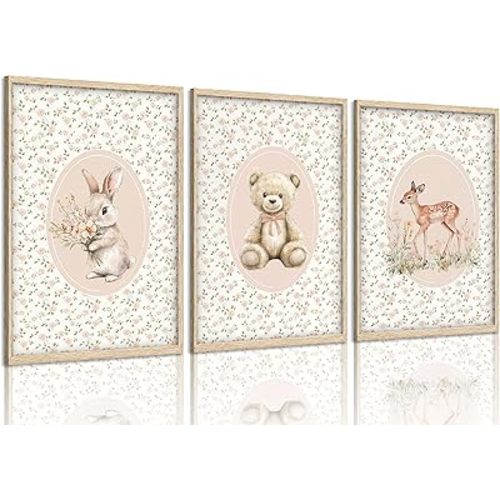 Pink Baby Girl Nursery Wall Art Vintage Sage Green Floral Woodland Animal Picture Wall Decor Bunny Teddy Bear and Deer Poster Country Farmhouse Painting Print Artwork for Kids Room Bedroom, Unframed