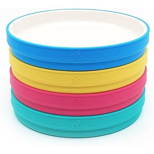 Elk and Friends Kids 7.8” Porcelain White Plates with Silicone Sleeves | Suitable for Babies/Toddlers | Microwave & Dishwasher Safe | Non Slip Dinnerware | Snack Dishes | 4 Pack