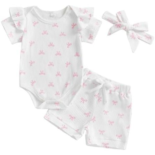 Newbgclo Toddler Baby Girl Summer Outfits Bow Print Short Sleeve Romper Elastic Waist Shorts Headband Set 3Pcs Clothes