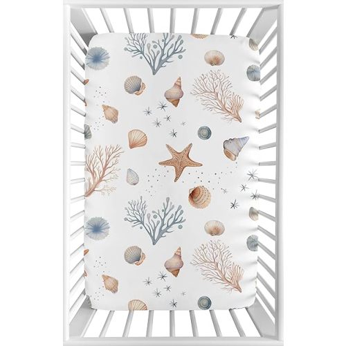 Sweet Jojo Designs Baby Fitted Mini Crib Sheet (Ocean Seashells) for Girls or Boys, Newborn/Infant Nursery, Play Yards, Portable Cribs (Gender Neutral, Nautical, Beach Theme, Starfish, Watercolor)
