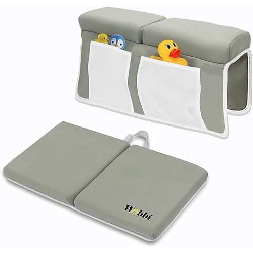 Wobbi Baby Bath Kneeler and Elbow Rest Pad Set - 1.5" Thick Memory Foam Knee Pad for Bathing Babies - 6 Suction Cups Non Slip Bath Kneeling pad with Toy Storage - Foldable & Quick Drying (Green)