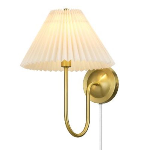 Globe Electric 1-Light Matte Brass Plug-In or Hardwire Wall Sconce with Off-White Pleated Fabric Shade