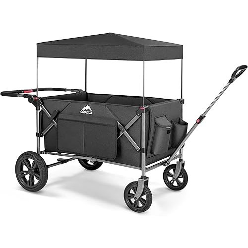 Foldable Wagons for Two Kids & Cargo, with 5-Point Harnesses,Adjustable Push/Pull Handle, Removable Sun Canopy, One-Step Locking Design, Suitable for Family Travel, Two Children Ride, Black