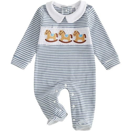 Newborn Baby Boy Clothes Embroidery Waffled Striped Long Sleeve Footies