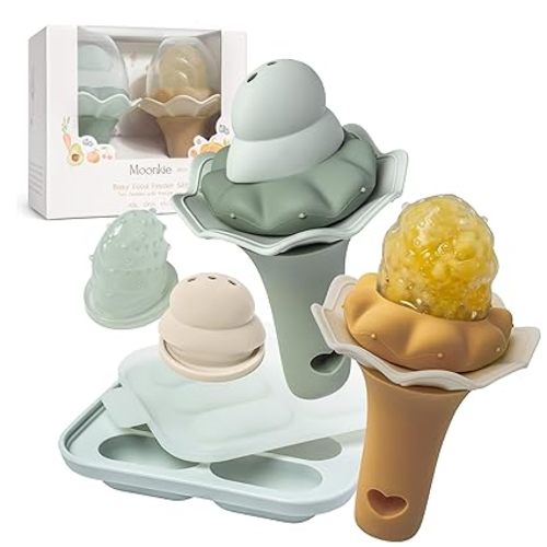 Moonkie Baby Fruit Feeder with Freezer Tray, BPA Free Silicone Food Feeder for Infant Self Feeding, Breastmilk Popsicle Molds, Mesh Feeder with Two Pouches, Baby Shower Gifts 4 Months+, 2 Pack