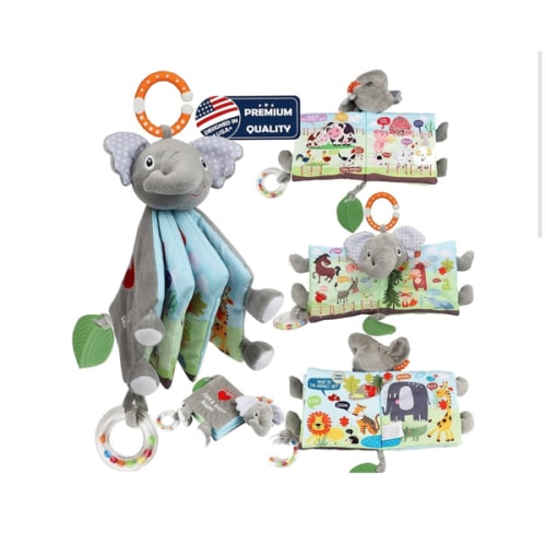 Elephant Touch and Feel Baby Books Toys 0-6 Months, Loveys Crinkle Books for Babies,Infant Toys 6-12-18 Months 1-2 Year Old, Baby Shower Easter Gifts Soft Cloth Book Teething Rattle for Boys Girls