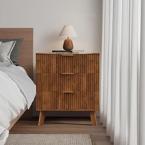 Mid-Century 3 Drawers Bedside Table Cabinet, Modern Nightstand with 3 Drawer and Solid Wood Legs, Contemporary 3-Drawer Dresser, Mid Century Nightstand with 3 Storage Drawer for Bedroom (Walnut)