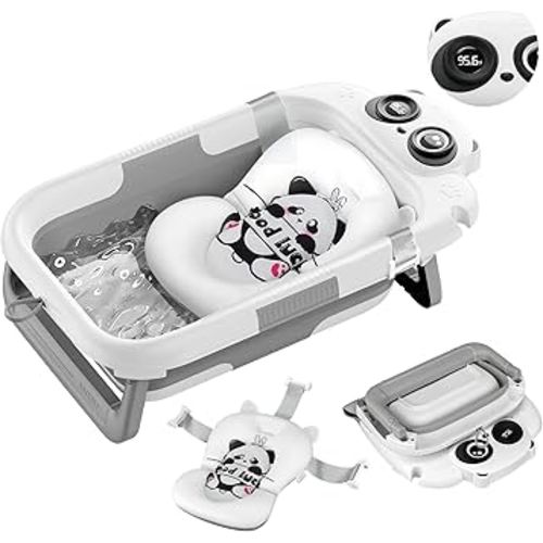 Collapsible Baby Bathtub for Newborn to Toddler (0-24 Months), Portable Baby Bath Tub for Travel, Newborn Bathtub with Soft and Supportive Cushion (Panda-Gray)