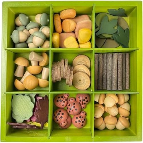 The Freckled Frog Nature’s Sorting Box | 90-Piece Set | Nature-Themed Wood Pieces | Includes Painted Sorting Tray | Practice Sorting, Colors and Counting