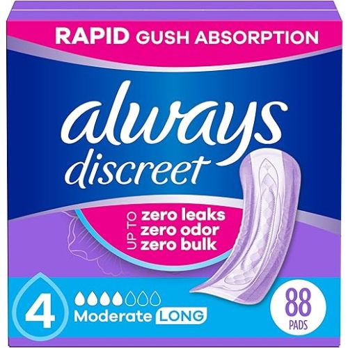 Always Discreet Adult Incontinence Pads for Women, Drier, 4 Drop Long Length, Moderate Absorbency, Pads for Bladder Control Management, Bladder Leaks, & Postpartum Pads, 88ct