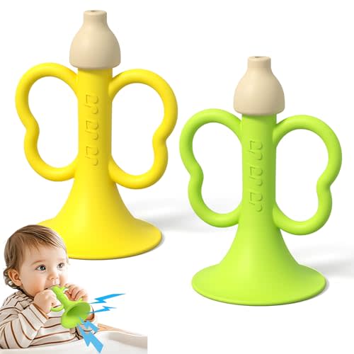 Baby Trumpet Toy 6-12 Months, Silicone Baby Horn Blowing Toy with 2PCS Yellow Green for Teething Sensory Play, Infant Easy Grip Teether Whistle Toys 0-6 Months, Toddlers Newborn Gift