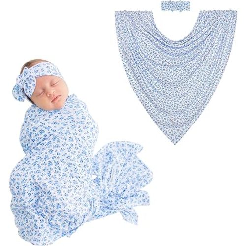 Posh Peanut Swaddle Blanket & Headband Set – Viscose from Bamboo Stretchy Baby Swaddle for Newborn Girls, Receiving Blanket or Nursing Cover
