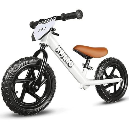 KRIDDO Toddler Balance Bike 2 Year Old, Age 24 Months to 5 Years Old, 12 Inch Push Bicycle with Customize Plate (3 Sets of Stickers Included), Gift Bike for 2-3 Boys Girls, White