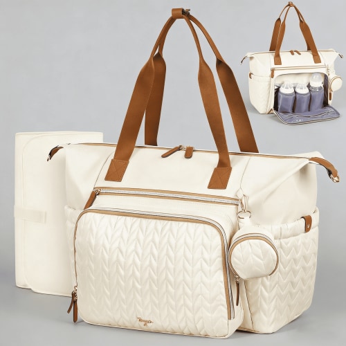 Beige Waterproof Large Diaper Tote Bag for Newborn Infant Toddler, Insulated Travel Baby Hospital Labor Delivery Bag with Changing Pad, Pacifier Case & Soft Shoulder Strap