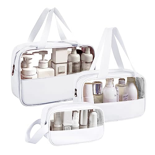 Clear Makeup Bag, 3 Pcs of Cosmetic Bags Set, Transparent PVC Travel Makeup Pouch, Waterproof Cute Toiletry Bag for Women (White)