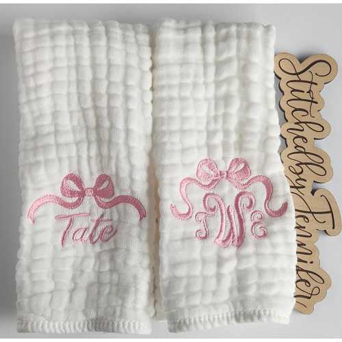 Bow Personalized Baby Burp Cloths, Monogram, Embroidered, Baby Girl, Single or Set of 2. If you would like a different color, just ask.