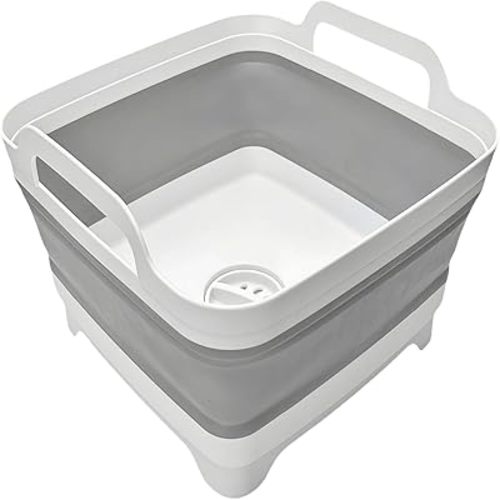 Collapsible Wash Basin 9L, Foldable Dish Tub with Drain Plug, Portable Collapsible Dish Basin, Camping Sink for Washing Dishes, Laundry & Kitchen Use,Gray
