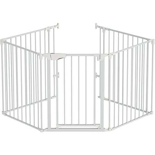 Bonnlo 120-Inch Wide Metal Baby Safety Fence/Play Yard Adjustable Fireplace Hearth BBQ Fire Gate Christmas Tree Gate 5-Panel Playpen for Toddler/Pet/Puppy/Cat/Dog, 25.39"W x 29.3" H Each Panel, White