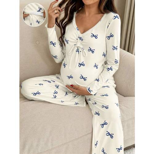 SHEIN 2pcs Maternity Bow Print Long Sleeve Top And Pants Set Pj Sets For Women Pajama Sets For Women | SHEIN USA