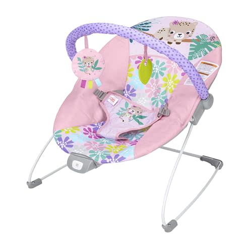 Bright Starts Pink Vibrating Baby Bouncer, Removable Toy Bar with 2 Toys, Nonslip Feet, 0-6 Months Up to 20 lbs (Wildflower Wonders)