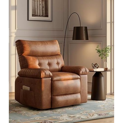 GarveeHome Oversized Wide Rocker Swivel Recliner Chair - Faux PU Leather Large Manual Recliner for Adults, Lazy Chair with 1.5X Sponge Comfort Arm and Back for Living Room, Bedroom