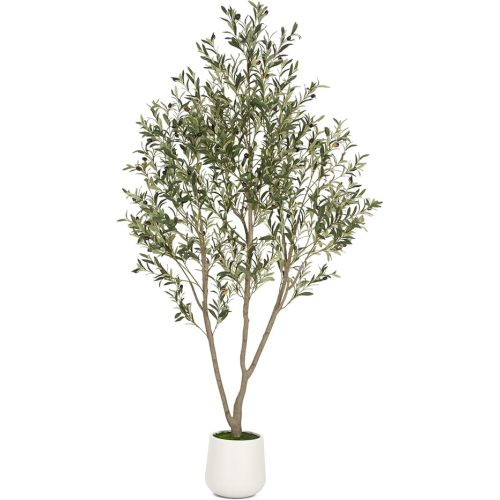 Olive Trees Artificial Indoor, 7FT Tall Faux Olive Tree with White Tall Planter, Artificial Plants with Natural Wood Trunk and Lifelike Fruits for Home Office Decor