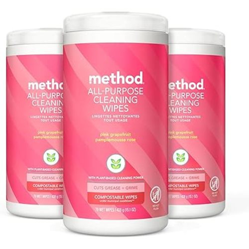 Method All-Purpose Cleaning Wipes, Pink Grapefruit, Multi-Surface, Compostable, 70 Count (Pack of 3)