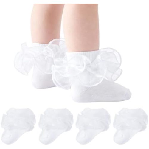 Baby Girls Ruffle Socks 2-Layer Lace Frilly Turn Cuff Fancy Dress Socks for Preemie Newborn Infant Toddler Girl Kids