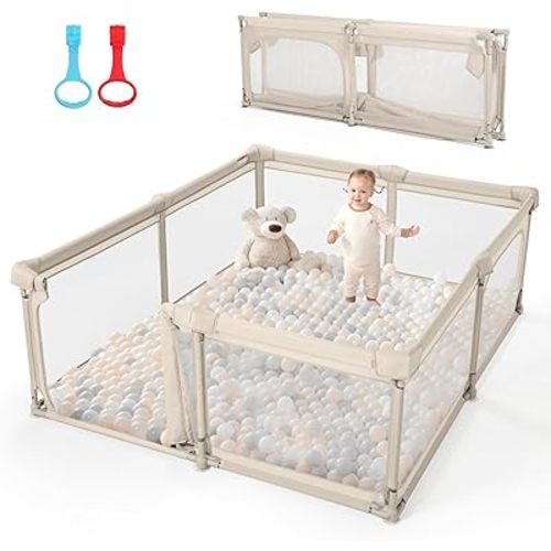 Baby Playpen,79"x59" Foldable Playpen for Babies and Toddlers with Gate,Large Play Pen with Zipper Door,Baby Play Pen Play Area(Khaki)