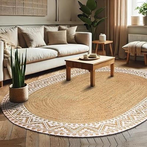 voyzz home 5x8 Feet-Oval, Premium Natural Jute Braided Area Rug, White Printed Border, Stain Resistance, Natural Brown, Handmade Rug for Entryways, Living Room, Dining Room, Bedroom, Office, Farmhouse