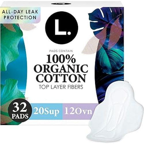 L. Ultra Thin Pads for Women, Organic Cotton Top Layer, Super + Extra Long Overnight Duo Pack Absorbency, Menstrual Pads with Wings, 32 Count