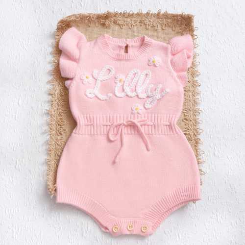 Hand Embroidered Name Baby Girl Romper, Ruffle Bubble Romper with Name, Smocked Infant Romper, Newborn Summer Girl Outfits, Custom Baby Gift