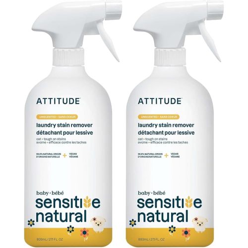ATTITUDE Fabric Stain Remover for Baby Clothes, Plant- and Mineral-Based Ingredients, Vegan and Cruelty-free Laundry Products for Sensitive Skin, Unscented, 27 Fl Oz (Pack of 2)