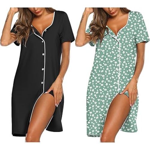 Ekouaer Nightgowns for Women 2 Pack Button Down Sleepshirt Short Sleeve Nightshirt Soft Sleepwear V Neck Pajama Dress