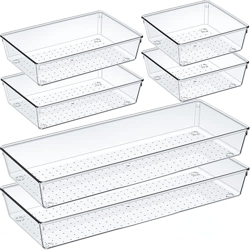Criusia 6 Pcs Large Size Clear Drawer Organizer Set, Acrylic Non Slip Non Cracking Kitchen Drawer Storage Tray Divider, Multifunctional Storage for Cosmetics, Bathroom, Tools, Kitchen and Office