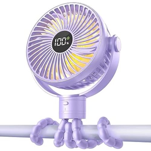 Coohea Portable Stroller Fan, 25H Long-lasting, 4 Speed, Night Light,Purple