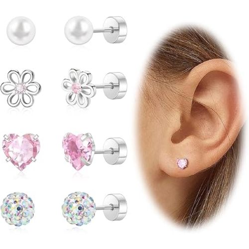 Hypoallergenic Earrings for Girls Toddler Surgical Steel Screw Flat Back Earrings for Sensitive Ears Women14K Gold Silver Earring Cute Heart Flower Pearl Star Stud Earring Sets