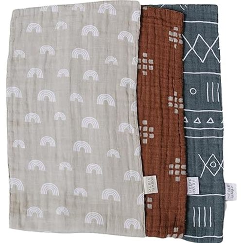 Mebie Baby Burp Cloths, Printed 3-Pack, Muslin Burp Cloth Set for Spit Up, Drool, and More, Boho Burp Cloths for Baby Boy and Girl, Baby Must Haves for Registry Lists and Gifts for Newborns