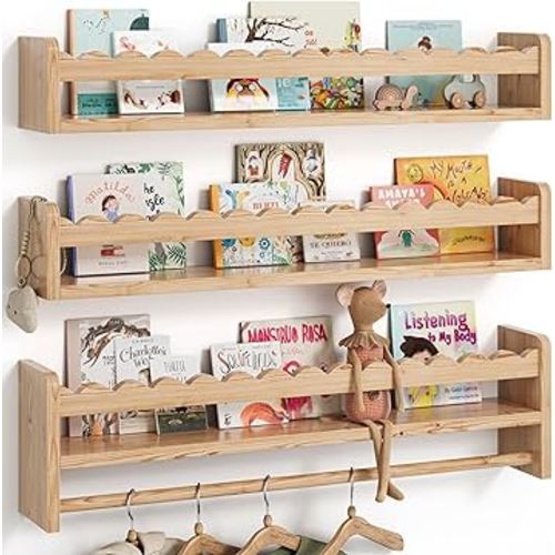 Nursery Book Shelves, Scalloped Shelves, Floating Book Shelves for Wall, Nursery Deocr for Baby, Toddler(Wood, 23 Inches)