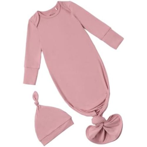 PATPAT Baby Sleeper Gown with Hat for Newborn, Knotted Baby Gown with Fold-Over Mittens for Infant Girl Boy Home Coming Gift