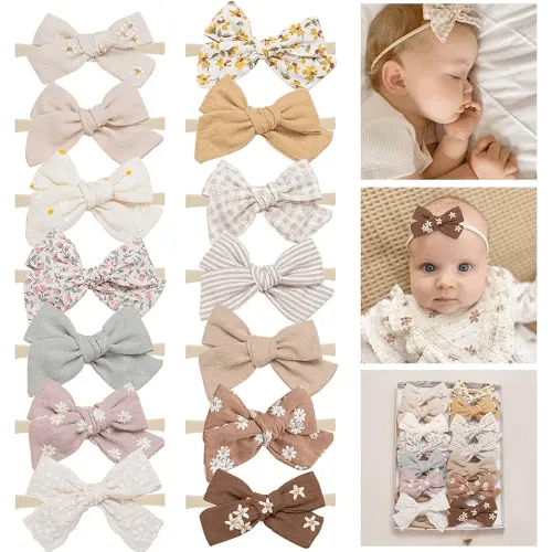 Fancy Clouds Baby Girl Bows and Headbands,14 pcs Stretchy Soft Nylon Hairbands Hair Bows for Newborns, Infants, Toddlers - Handmade Baby Hair Accessories for Girls Gifts