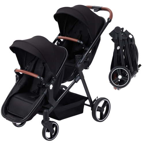 Double Stroller Track Tandem Stroller for Infant and Toddler, Foldable Pushchair Bassinet Pram, Multi-Position Reversible & Adjustable Backrest, Large Storage Basket and Canopy