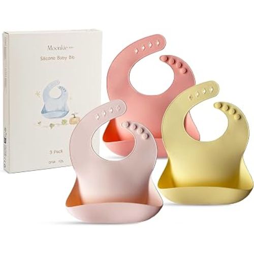 Moonkie Silicone Baby Bibs Set of 3, BPA Free Waterproof Baby Bibs for Eating, Adjustable Silicone Bibs for Babies 6-12 Months, Toddler Bibs with Pocket Food Catcher (Pink/Pastel Yellow/Soft Pink)
