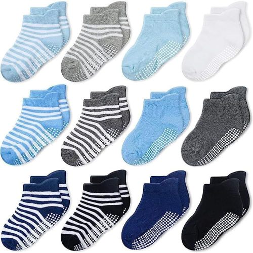 Ankle Grip Socks for Boys, Solid and Stripes – Non-Slip Baby and Toddler Socks Made With a Soft Cotton Blend, Easy-on Ankle Tab and Flexible Fit. Comfortable Infant Essentials for 0–6 months - 12 Pack