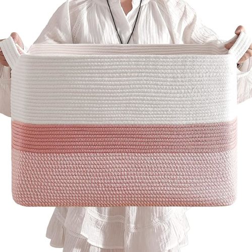 CLHMILY&Z Stylish Square Cotton Rope Storage Basket (Pink & White, 85L)