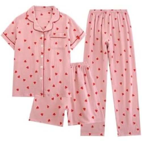 codcm Womens 3pcs Cotton Pajamas Set Short Sleeve Sleepwear Fruit Print Cute Pj Set with Long Pants