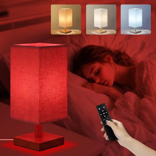Red Light Lamp for Bedroom, Nightstand Lamp with 670nm Red & 3000-6500K White Light, Remote Control, Timer, Night Light, Dimmable LED Bedside Table Lamp with Memory Function, Wood Base & Fabric Shade
